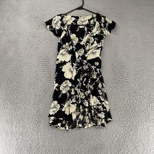 Free People Dress Womens XS Black Dark Floral Wrap Ruffle Mini Boho Fairy Grunge